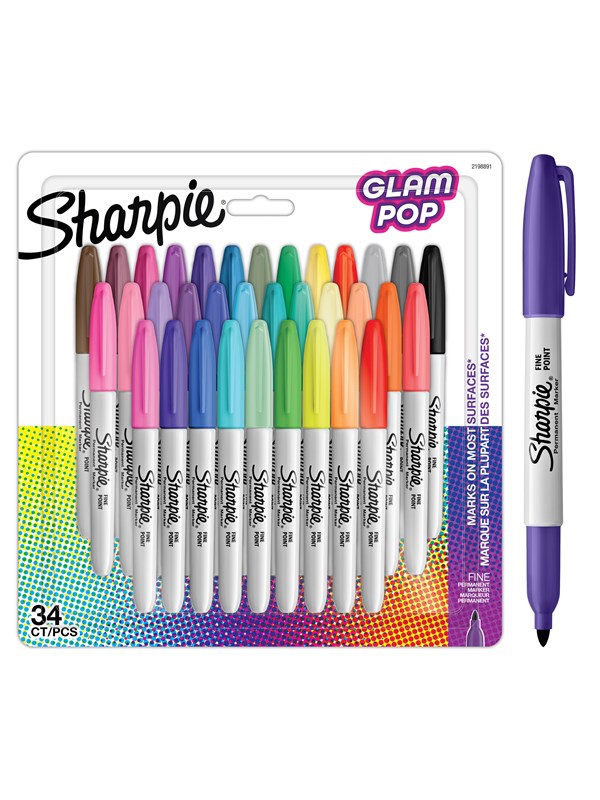 Sharpie Glam Pop -permanenttitussit | Terävä kärki tarkkoihin yksityiskohtiin | Värilajitelma kirkkaat värit | 34 kpl