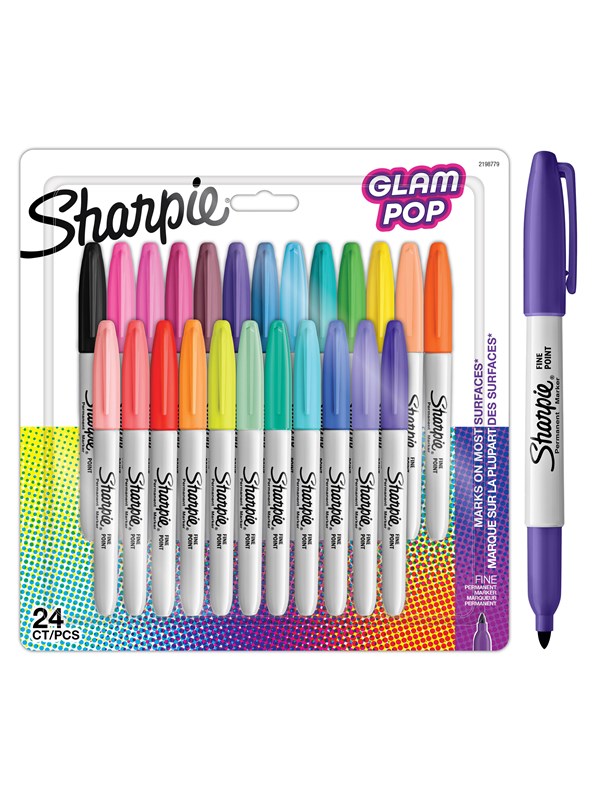 Sharpie Glam Pop -permanenttitussit | Terävä kärki tarkkoihin yksityiskohtiin | Värilajitelma kirkkaat värit | 24 kpl