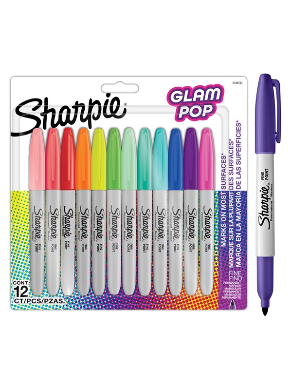 Sharpie Glam Pop -permanenttitussit | Terävä kärki tarkkoihin yksityiskohtiin | Värilajitelma kirkkaat värit | 12 kpl