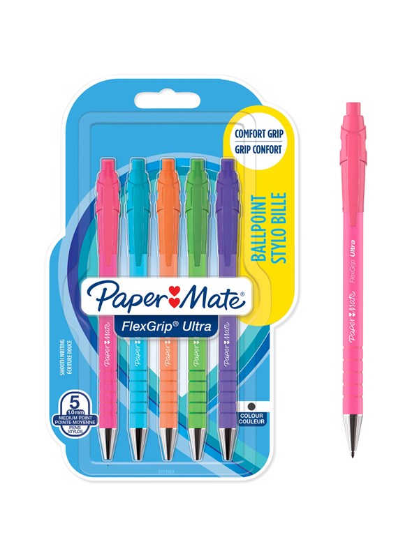 Paper Mate Flexgrip Ultra Brights Retractable Ballpen M Black 5-Blister