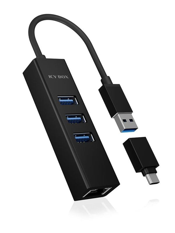 ICY BOX IB-HUB1419-LAN USB hub - 3 porttia - USB 3.0 - Musta
