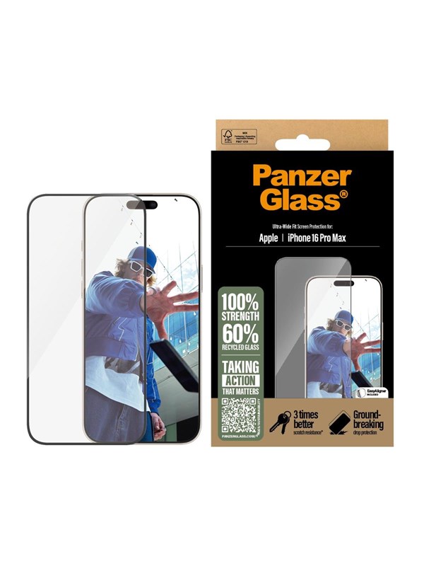 PanzerGlass iPhone 16 Pro Max näytön suojalasi Ultra-Wide Fit mukana sovitin