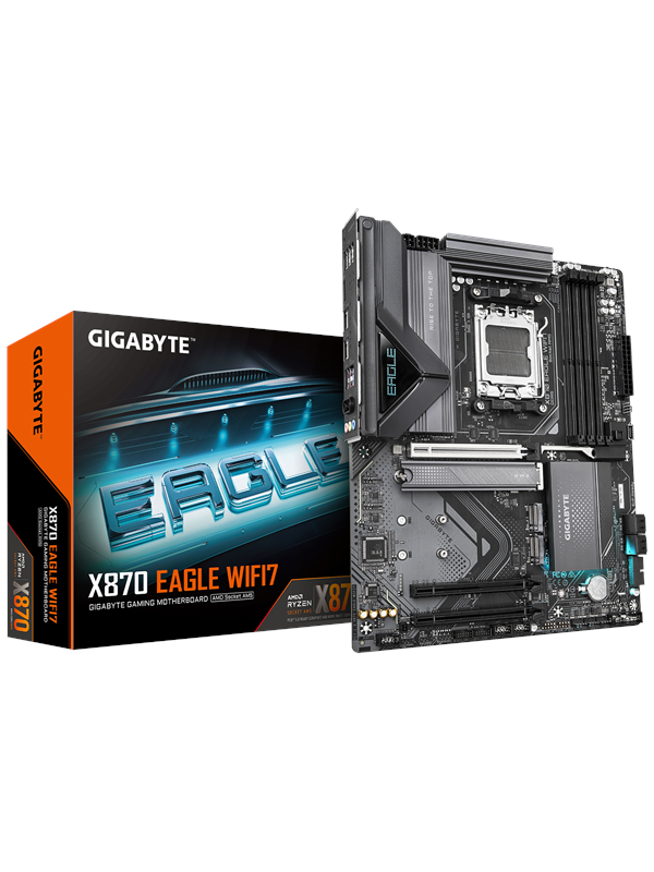 Gigabyte X870 EAGLE WIFI7 - Emolevy - ATX - Socket AM5 - AMD X870 piirisarja - USB-C 3.2 Gen 2x2, USB4, USB 3.2 Gen 1, USB 3.2 Gen 2 - 2.5 Gigabit LAN, Bluetooth, Wi-Fi 7 - sisäinen grafiikka (CPU tarvitaan) - HD Audio (8-kanavainen)