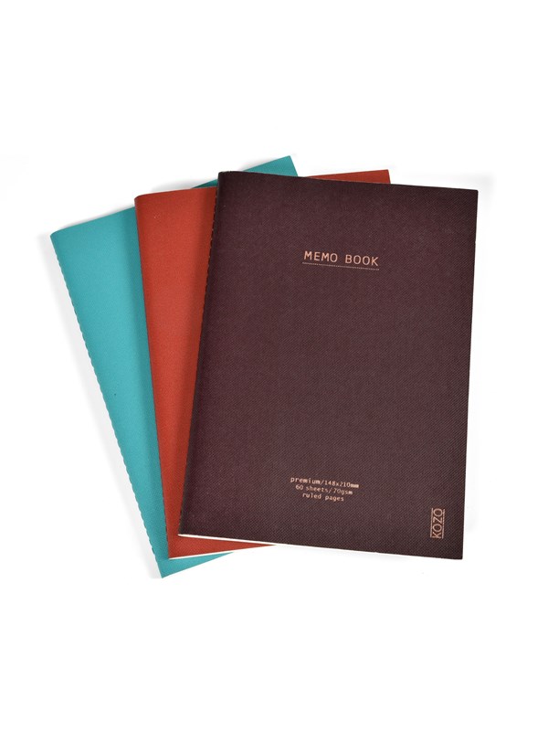 KOZO Memo Book A5 3 Pack Coffee Bric Steel Blue