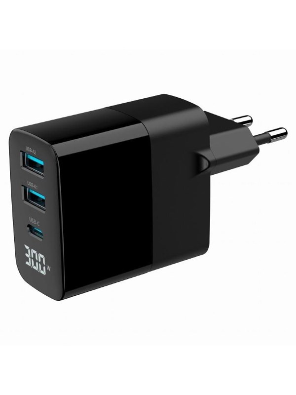 Gembird Universal GaN USB charger with LCD QC 3.0 & POD 30W 3-port - Black