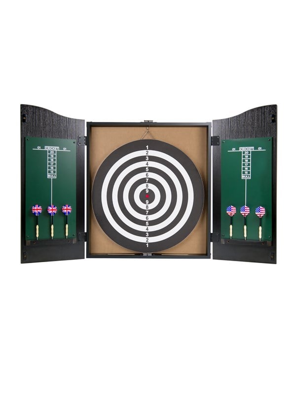 Stanlord Darts-taulu tyylikkäässä puukaapissa, mukana 6 tikkaa