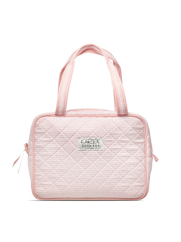 Karen Large toiletry bag with handle in pink checkered quilt