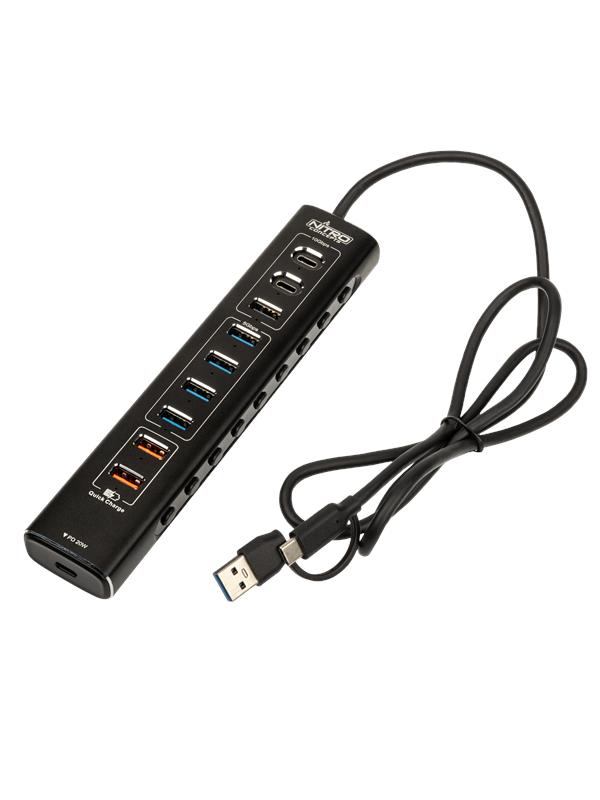 Nitro Concepts UH1 10-Port HYBRID USB HUB USB hub - 10 porttia - Musta