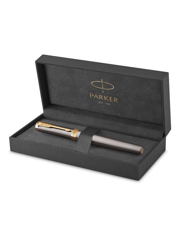 Parker Ingenuity Rollerball Pen | Grey Lacquer with Gold Trims | Fine Stainless Steel Point | Black Ink Refill | Gift Box