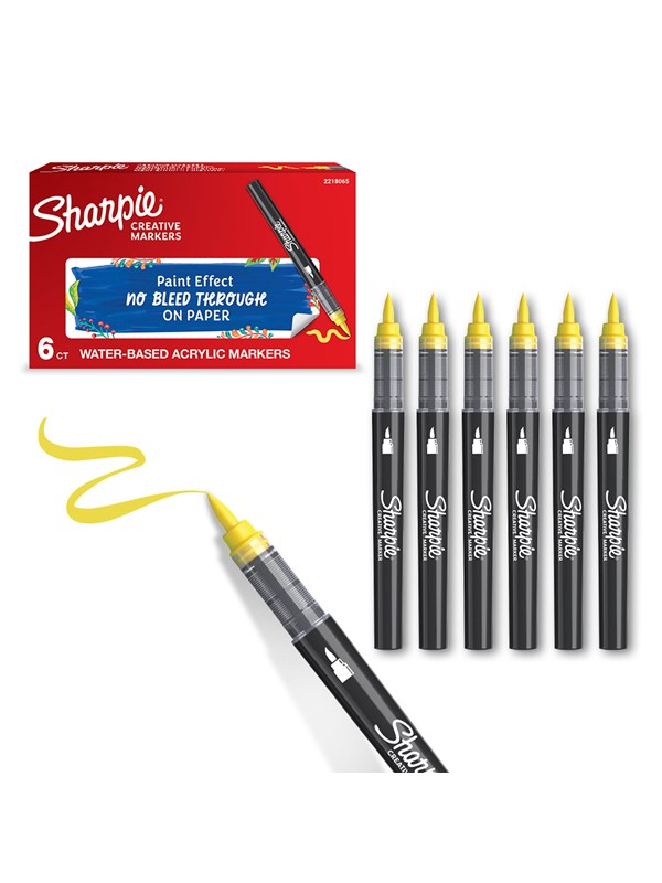 Sharpie Creative Marker Acrylic Paint Pens | Brush Tip Water-Based Paint Markers | Yellow | 6 Count