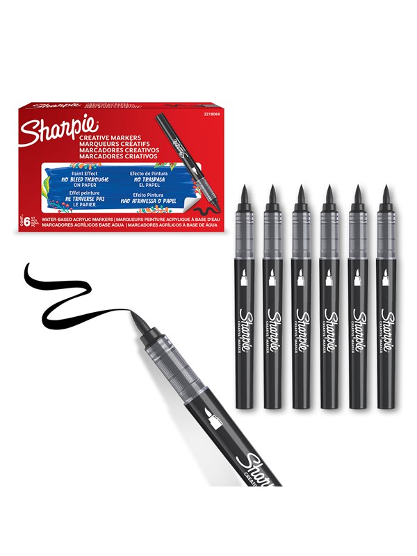 Sharpie Creative Marker Acrylic Paint Pens | Brush Tip Water-Based Paint Markers | Black | 6 Count