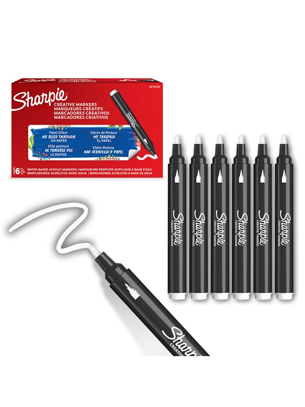 Sharpie Creative Marker Acrylic Paint Pens | Bullet Tip Water-Based Paint Markers | White | 6 Count