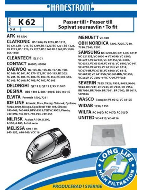 hanestroem Vacuum Cleaner Bags K62 - 5 pcs