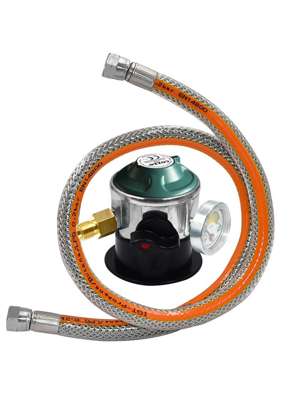 cozze Regulator w/manometer 30 BAR DK-NO-FI-IS 1.1M Steel flex hose Safety manometer for "leak" test. Easy 1/4" thread mounting.