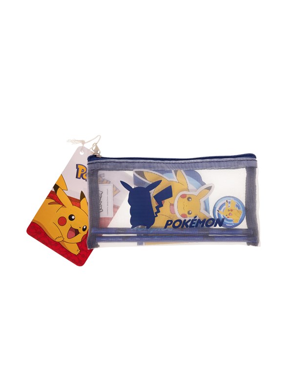 Euromic POKÉMON Filled MESH pencil pouch w/stationery articles: 2 triangular pencils 1 round sharpener 1 shaped eraser 1 shaped memo pad. Size of pencil pouch L 20 cm H 9.5 cm