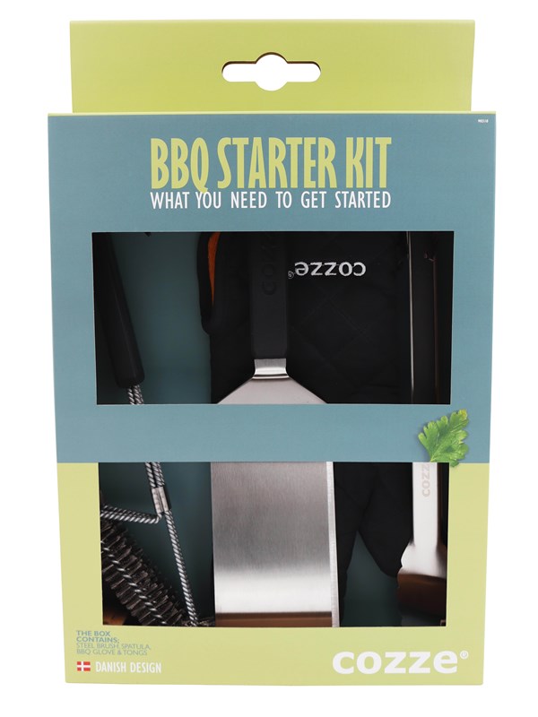 cozze BBQ set 4 parts: Spatula Tongs Grill brush & Grill glove