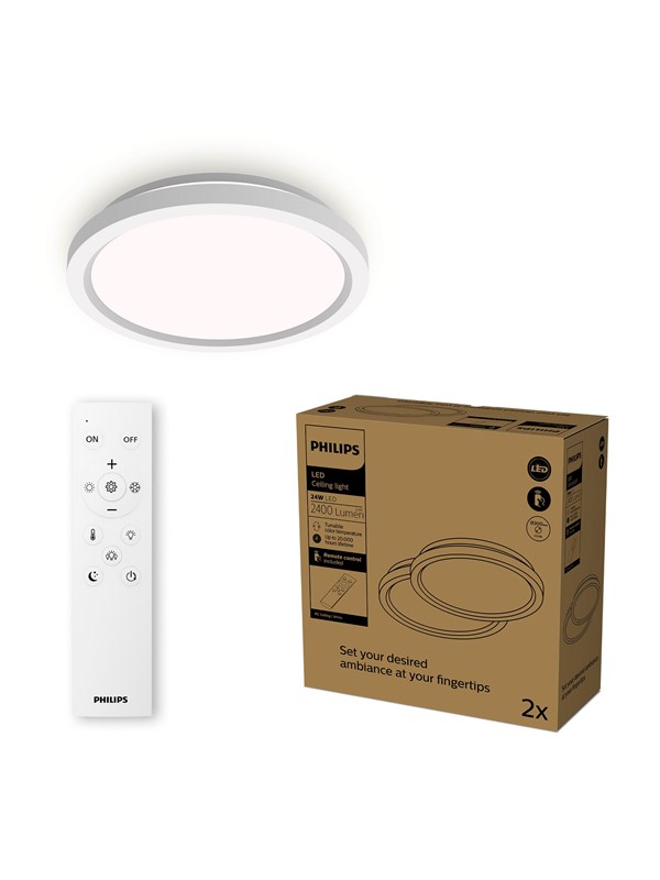 Philips AIO Ceiling Light with Remote (Round White) - 24W Integrated LED Lamp with 3 step dimming 2-pack