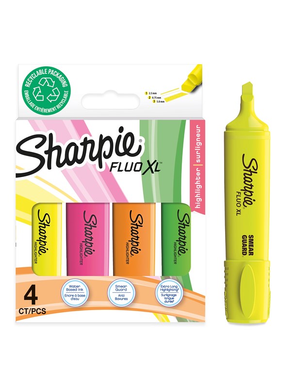 Sharpie Fluo XL -korostuskynät | Viistokärki | Lajitelma fluoresoivia värejä | 4 kpl