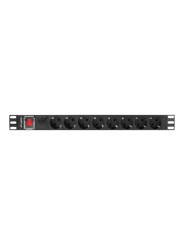 Lanberg PDU-08F-0200-BK, Kytkimellinen, 1U, Yksivaiheinen, Vaaka, Alumiini, Musta