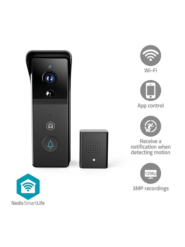 Nedis SmartLife Video Doorphone Wi-Fi Battery 3MP Full HD 1296p Cloud Storage (option) / microSD (not included) IP44 With motion sensor Night vision Black
