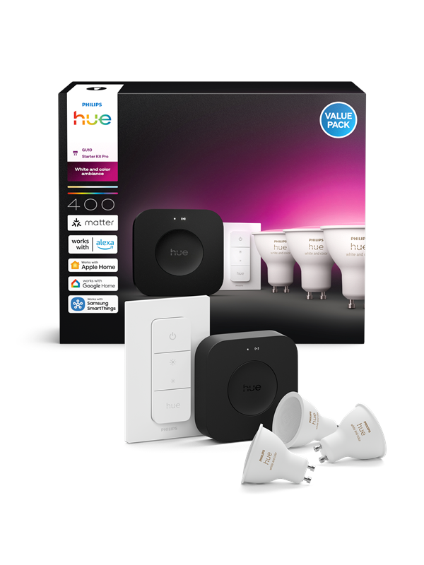 Philips Hue Aloituspakkaus: 3 kpl GU10-lamppua + Dimmer switch + Bridge Pro