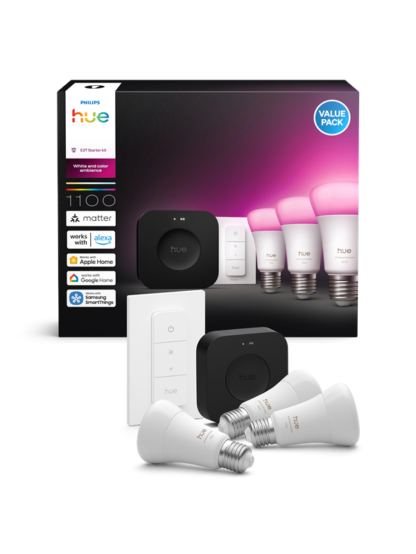 Philips Hue Aloituspakkaus: 3 kpl E27-älylamppua + Dimmer switch + Bridge Pro