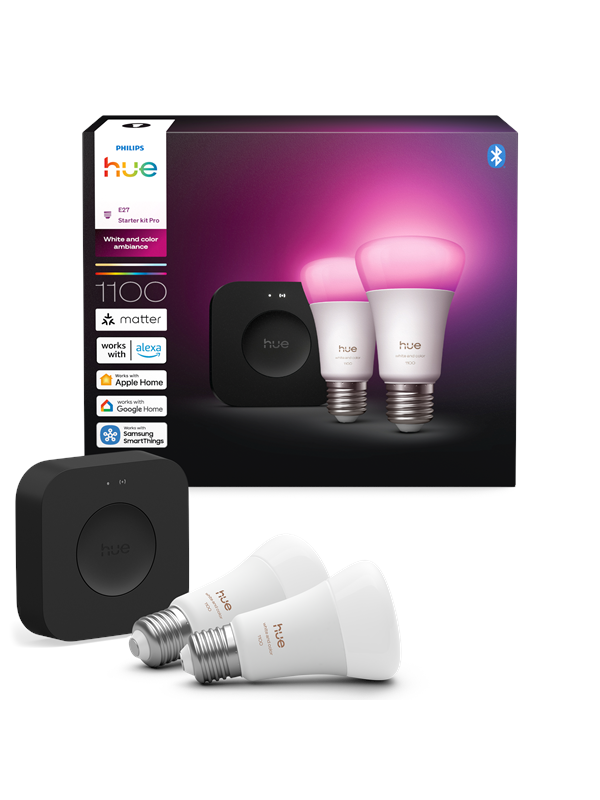 Philips Hue Aloituspakkaus: 2 kpl väriä toistavaa E27-älylamppua + Bridge Pro