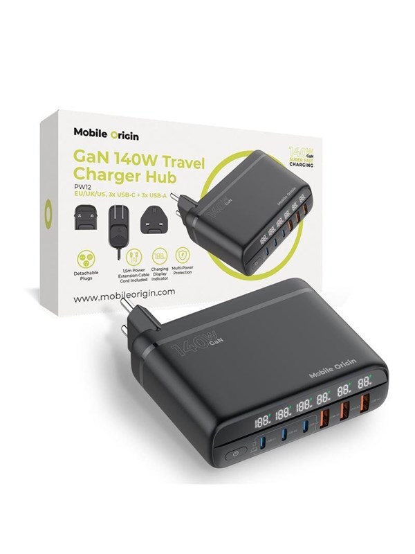 Mobile Origin GaN 140W Travel Charger Hub PW12 EU/UK/US - 3x USB-C + 3x USB-A