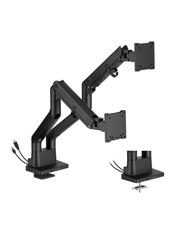 DUTZO Monitorivarsi kahdelle näytölle (24" - 45") - Heavy Duty Deluxe USB A & C -porteilla - Musta