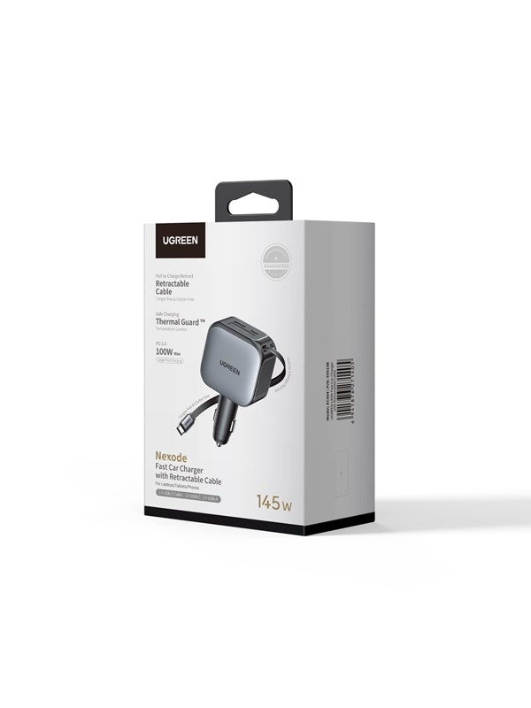 UGREEN 145 W Fast Car Charger with Retractable Cable