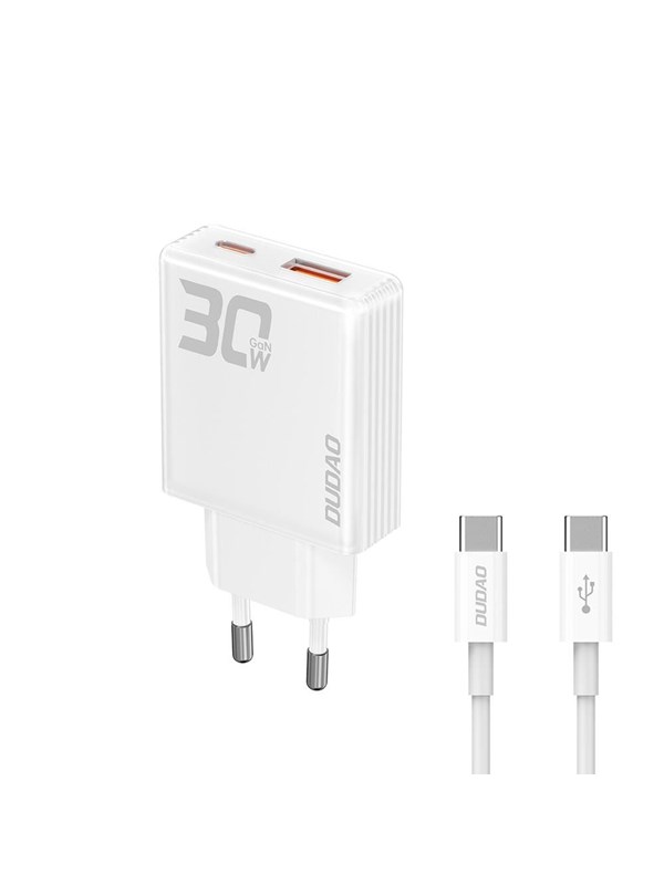 Dudao GaN A30EUT 30W USB-A / USB-C Wall Charger + USB-C - USB-C Cable - White