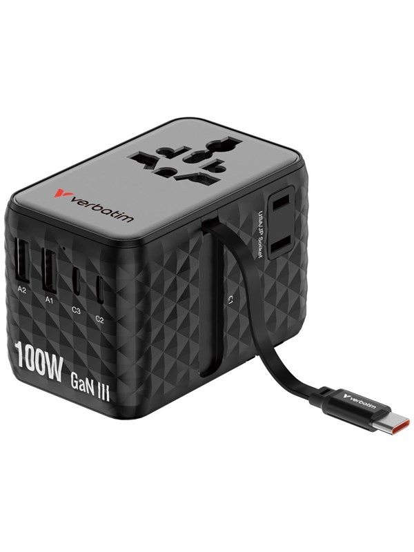 Verbatim Charge "'n"' Travel 100W Travel Adapter w/ Cable Bla