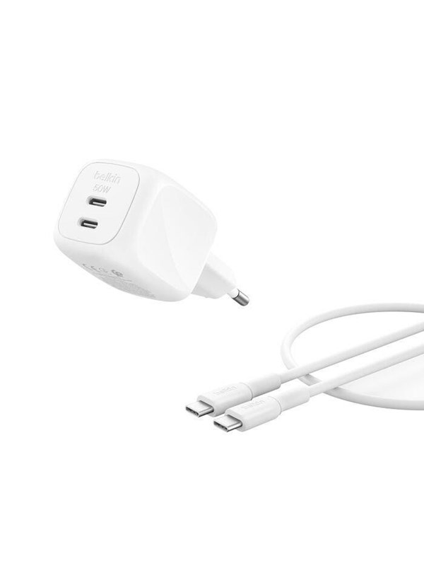 Belkin BoostCharge 67W Dual USB-C PD Wall Charger w PPS WHT w 2m USB-C-C Cable