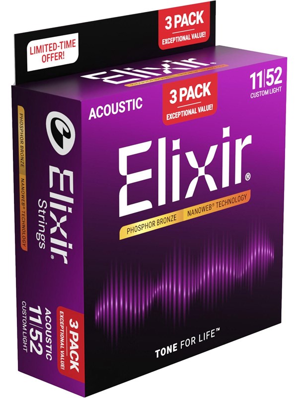 Elixir Strings 16568 - Phosphor Bronze - Akustiset kielet - Nanoweb - Custom Light (11-52) - 3 Pack