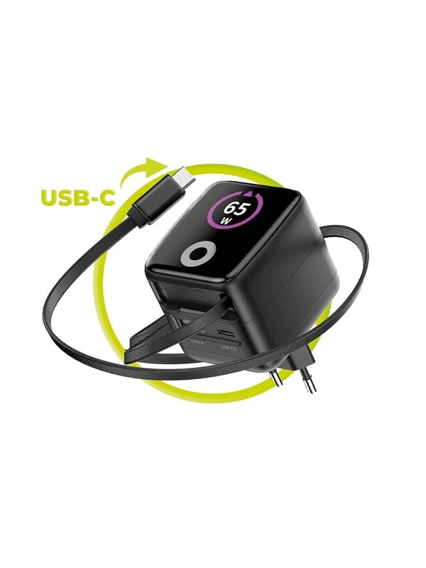 Mobile Origin 65W GaN Display Charger PW3 - USB-C Self-Retracting Cable + USB-C + USB-A