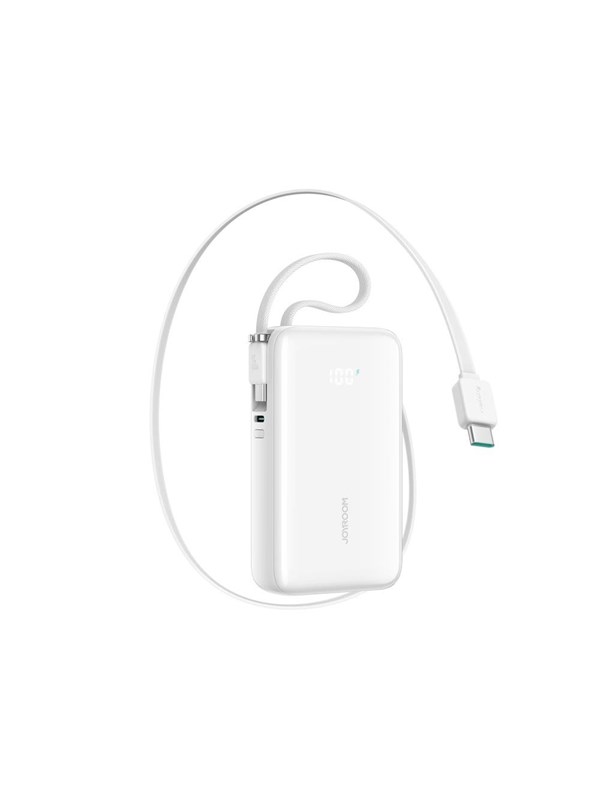Joyroom JR-PR2 35W 10000mAh Power Bank with Retractable USB-C Cable and Built-in Lightning Cable - White Powerbank - Valkoinen - 10000 mAh