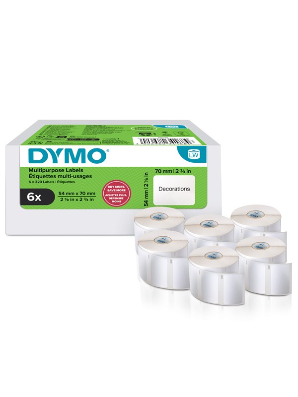 DYMO Authentic LabelWriter Multi-Purpose Labels | 54 mm x 70 mm | Self Adhesive | 6 Rolls of 320 Easy-Peel Labels (1.920 Count) | for LabelWriter Label Makers | Made in Europe