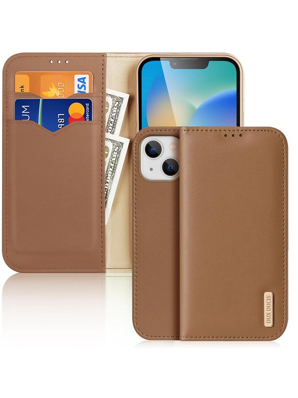 Dux Ducis Hivo Leather Flip Case Genuine Leather Cover Card & Document Wallet iPhone 14 Plus Brown
