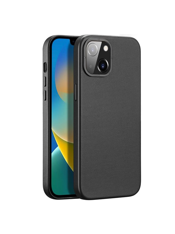 Dux Ducis Grit Leather Case for iPhone 14 Plus Elegant Faux Leather Case (MagSafe Compatible) Black