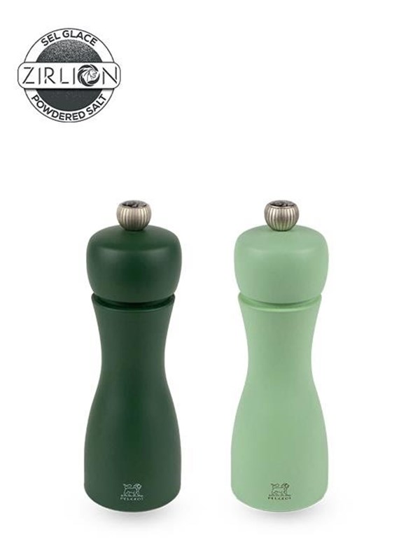 Peugeot Tahiti duo Set of Manual Salt and Pepper Mills in Wood Moss Green & Mint Green 15cm