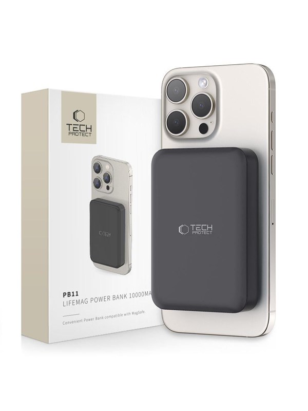 Tech-Protect LifeMag PB11 Power Bank with MagSafe 10000mAh 15W USB-C Port - Black + USB-C Cable Powerbank - musta - 10000 mAh