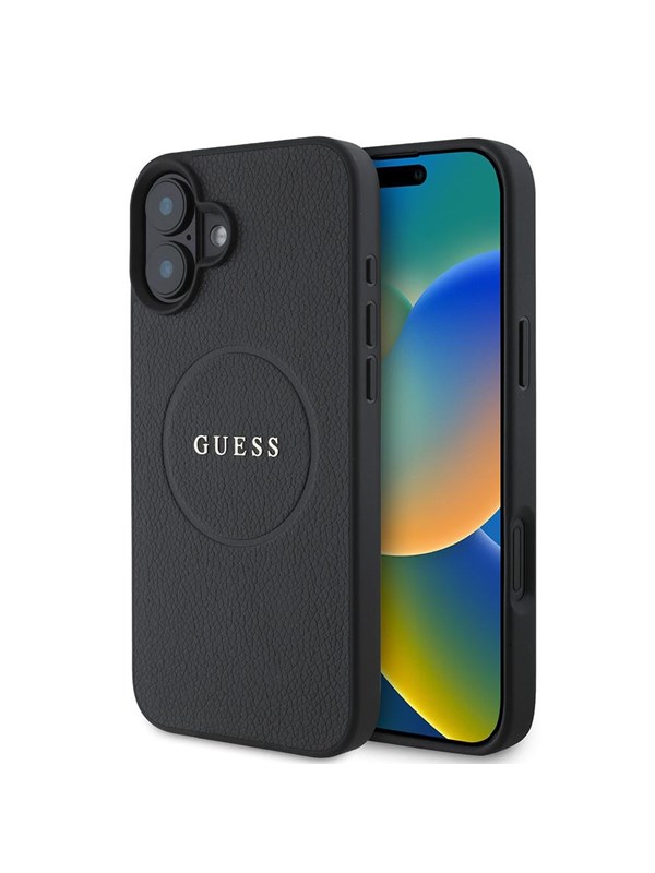 GUESS Grained Gold Ring MagSafe case for iPhone 16 - black