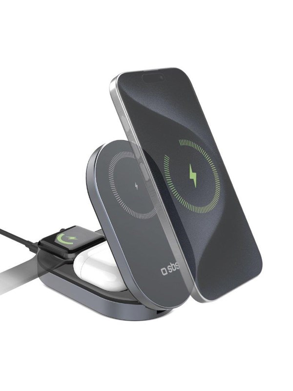 SBS 3-in-1 Foldable Wireless Charging Station QI2 MFI - Made for iPhone - Black