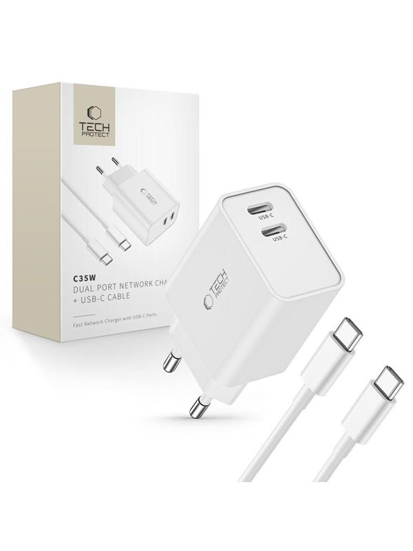 Tech-Protect C35W AC Charger 2x USB-C PD 35W with USB-C / USB-C cable - white