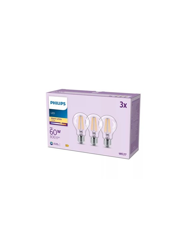 Philips LED-lamppu A60 7W/827 (60W) Clear 3-pack E27