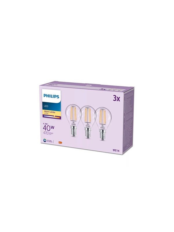 Philips LED-lamppu P45 4,3W/827 (40W) Clear 3-pack E14