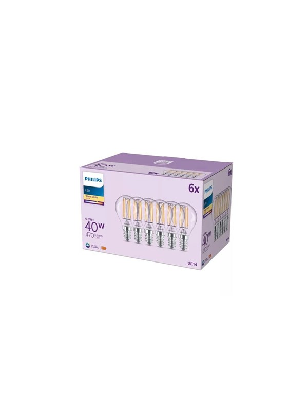 Philips LED-lamppu P45 4,3W/827 (40W) Clear 6-pack E14