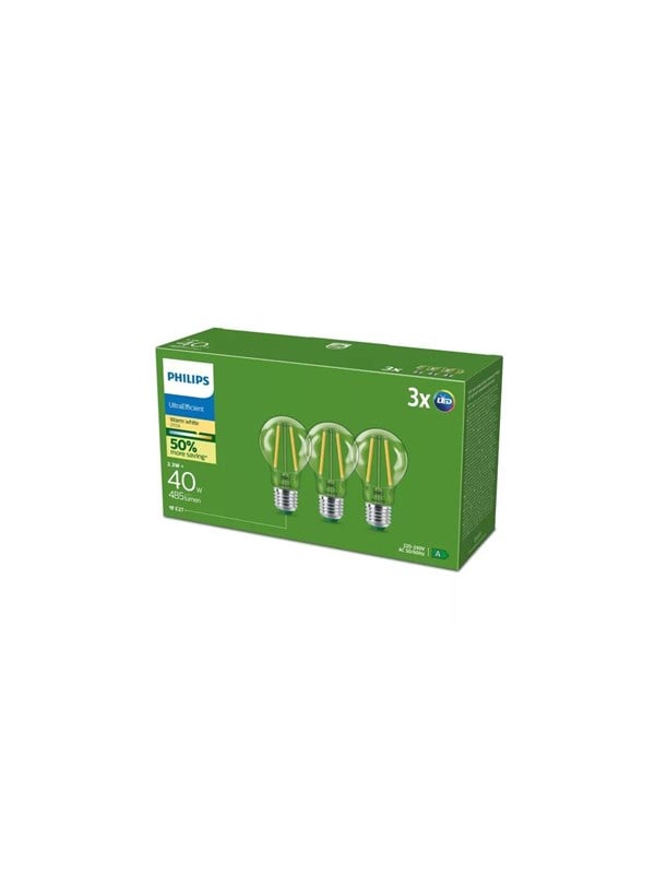 Philips LED-lamppu Ultra Efficient A60 2.3W/827 (40W) Clear 3-pack E27