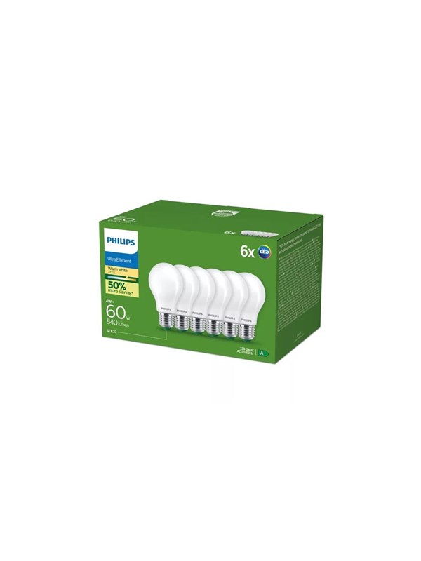 Philips LED-lamppu Ultra Efficient A60 4W/827 (60W) Frosted 6-pack E27