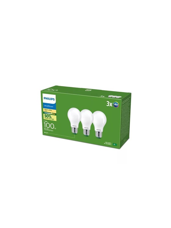 Philips LED-lamppu Ultra Efficient A60 7,3W/827 (100W) Frosted 3-pack E27